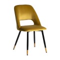 Exkluzivní sametová jídelní židle Celia v art deeco stylu s okrovým žlutým potahem a černýma nohama z kovu