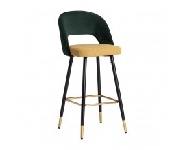 Glamour art deco barová židle Celia se zeleno-žlutým potahem a černýma nohama z kovu 103cm