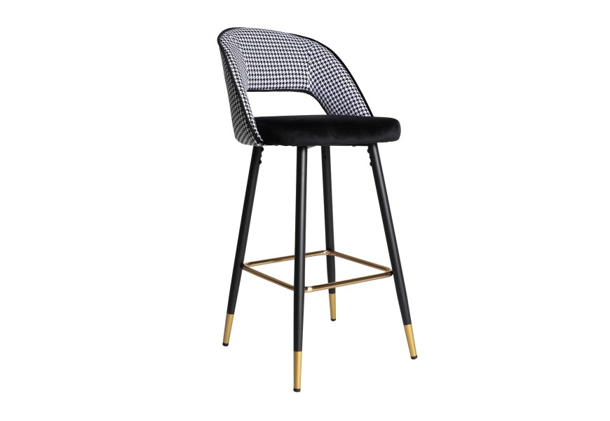 Art deco glamour barová židle se sametovým potahem černo-bílé barvy s motivem kohouté stopy 103cm