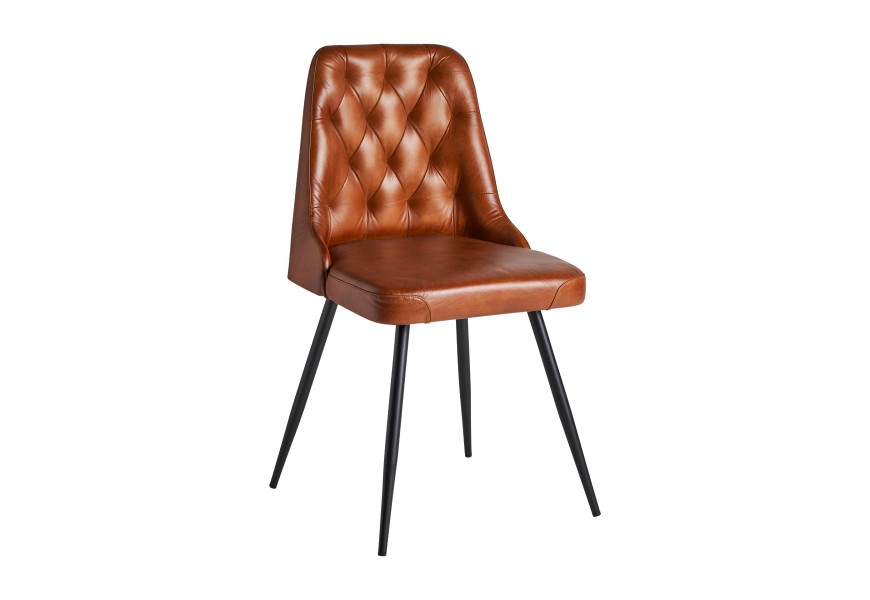Luxusní vintage kožená jídelní židle Kingsley hnědé barvy s chesterfield prošíváním as černýma kovovými nohama