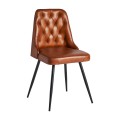 Luxusní vintage kožená jídelní židle Kingsley hnědé barvy s chesterfield prošíváním as černýma kovovými nohama