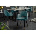 Designová jídelní židle Decora s petrolejově modrým sametovým čalouněním a kovovými nožičkami se zlatým zakončením