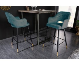 Designová barová židle Decora tyrkysově modrá se sametovým čalouněním a černými kovovými nožičkami