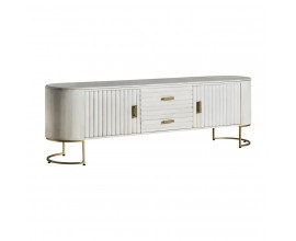 Luxusní art deco TV stolek Sedge z mangového dřeva bílé barvy se zlatou kovovou konstrukcí 200cm