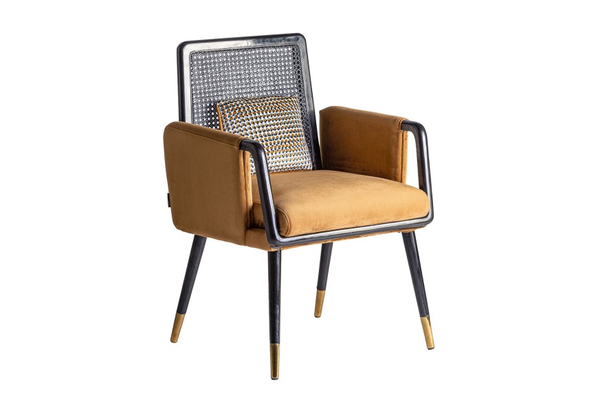 Glamour designová židle Brilon se sametovým žlutým čalouněním a černou dřevěnou konstrukcí