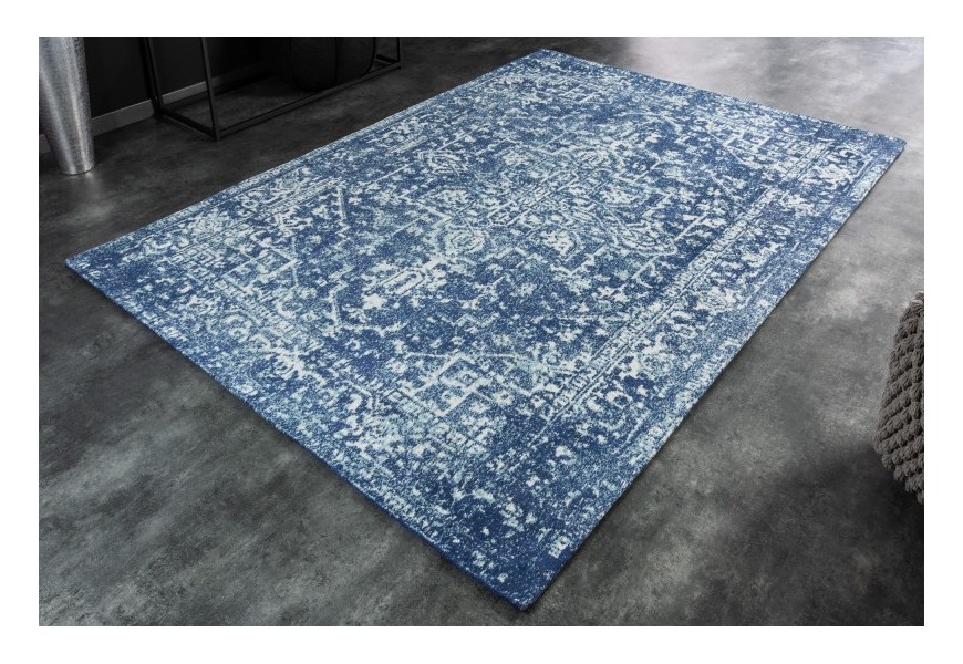 Vintage modrý koberec Mistal ve tvaru obdélníku z žinylkové bavlny as bílým nepravidelným vzorem