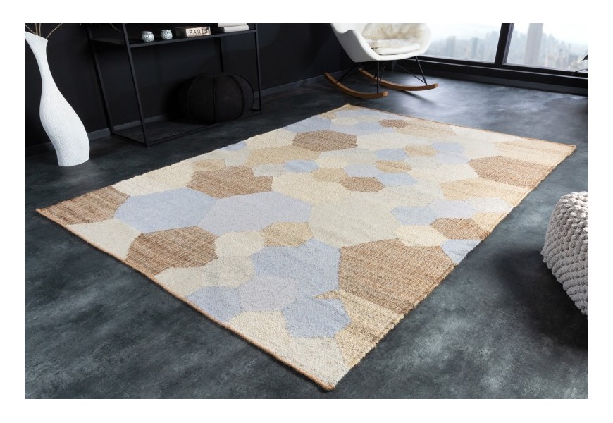 Elegantní modro-béžový koberec Sensei obdélníkového tvaru s konopí a vlny s geometrickým zdobením