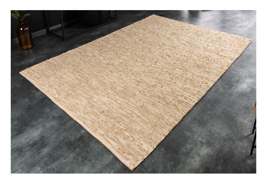 Moderní béžový koberec Rhys obdélníkového tvaru s výpletem z kůže a konopí
