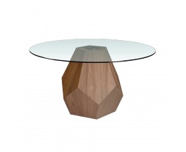 Moderní jídelní stůl Vita Naturale s kulatou vrchní deskou z tvrzeného skla a vícehrannou podstavou