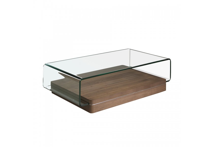 Luxusní moderní konferenční stolek Vita Naturale z tvrzeného skla s dřevěnou dýhovanou podstavou