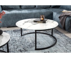 Designový kulatý konferenční stolek Soleil s černou kovovou podstavou a bílou skleněnou deskou s mramorovým efektem