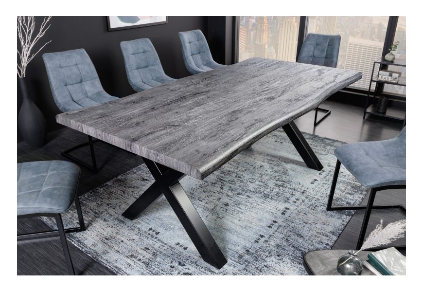 Moderní industriální jídelní stůl Garret šedé barvy v provedení divoký dub s černýma zkříženýma nohama z kovu