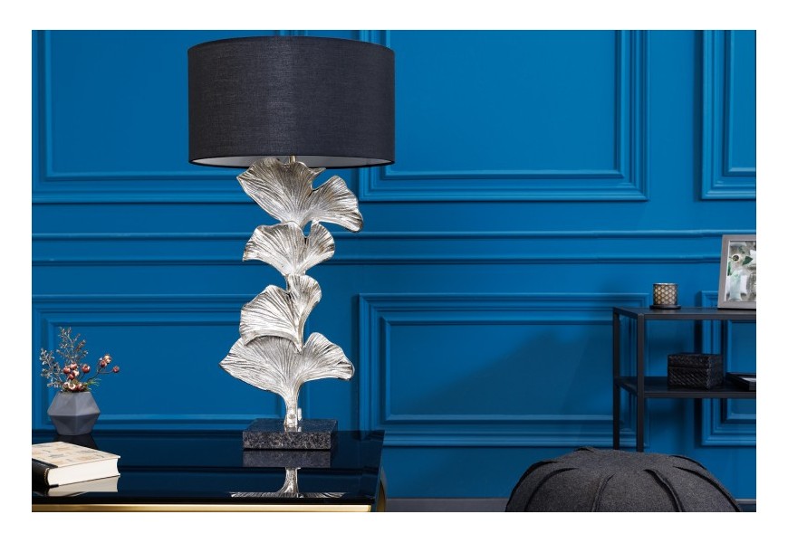 Designová art deco stolní lampa Ginko stříbrné barvy z kovu s černým kulatým stínítkem 70cm