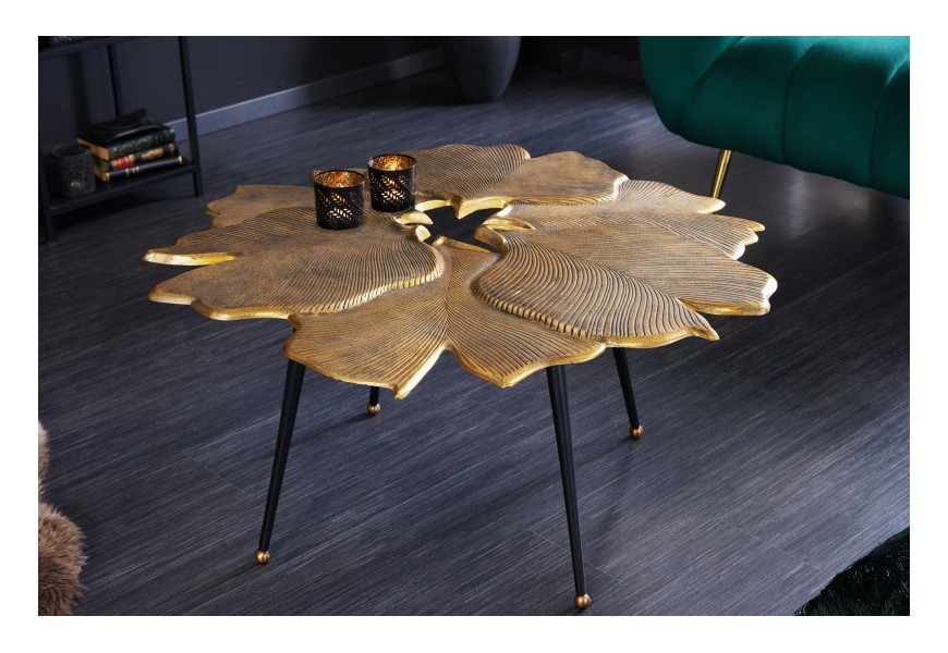 Exkluzivní glamour konferenční stolek Ginko ve zlatém provedení ve tvaru listů jinanu s černými kovovými nožičkami