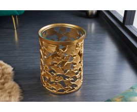 Art deco glamour zlatý příruční stolek Ginko zlaté barvy z kovu s kulatou skleněnou deskou 47cm