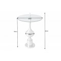 Designový příruční stolek Marietta s kulatou skleněnou vrchní deskou a ozdobnou stříbrnou podstavou 65cm