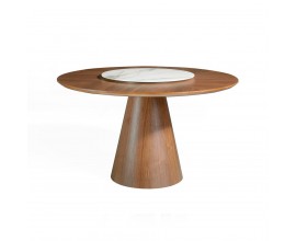 Luxusní kulatý jídelní stůl Vita Naturale z ořechového dřeva s porcelánovou středovou deskou s mramorovým vzhledem