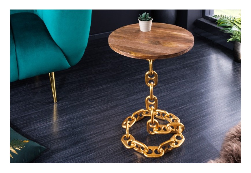 Designový kulatý příruční stolek Belime Gold s ozdobnou zlatou konstrukcí z kovu a mangovou vrchní deskou 54cm