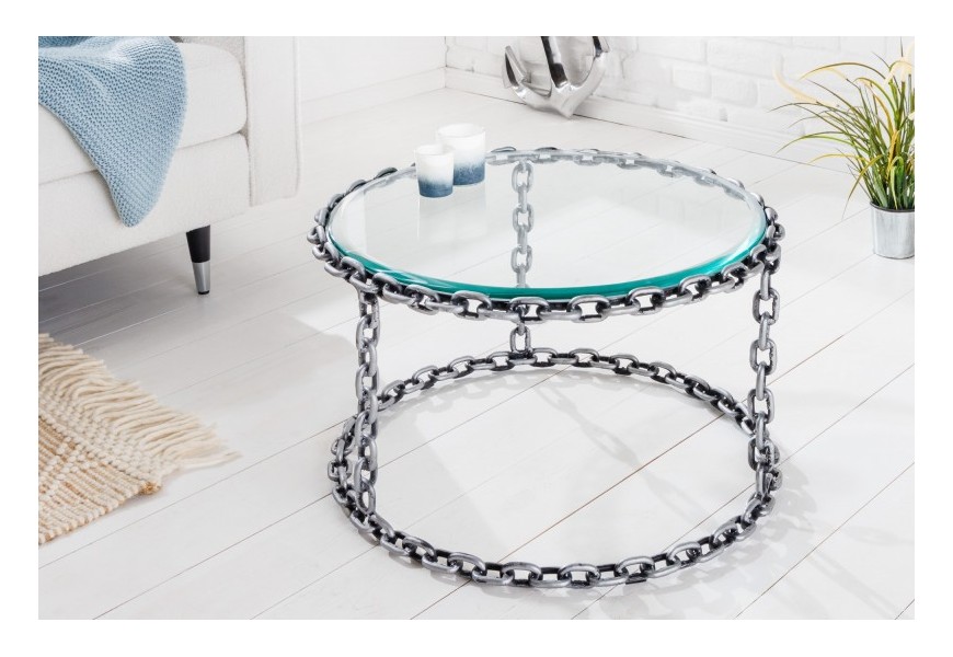 Moderní designový konferenční stolek Belime Silver kulatého tvaru s řetězovou šedou konstrukcí a skleněnou deskou