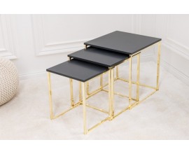 Art deco sada tří příručních stolků Trastoll čtvercového tvaru v antracitovém provedení se zlatými nožičkami 42cm