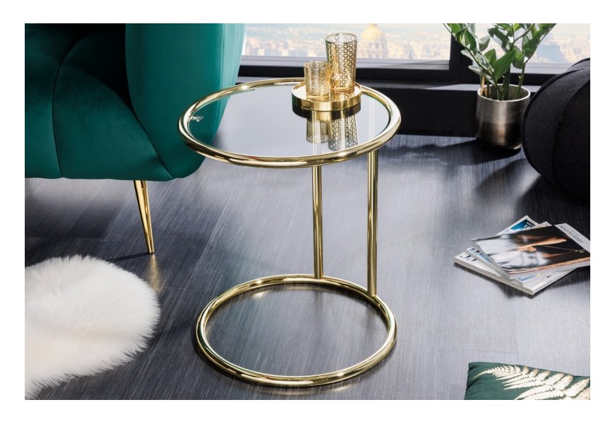 Art deco příruční stolek Gabriell v kovovém zlatém provedení kulatého tvaru se skleněnou deskou 55cm