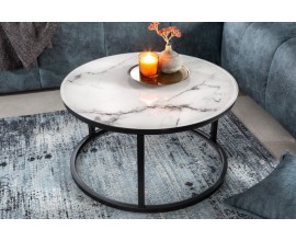 Industriální příruční stolek Benjamin I na černé matné kruhové podstavě nesoucí vrchní desku z bezpečnosntého skla s imitací bílého mramoru