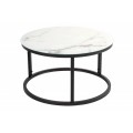 Příruční stolek Benjamin I v industriálním stylu na černé matné podstavě bez nožiček as kulatou vrchní skleněnou deskou s mramorovým efektem v bílé barvě
