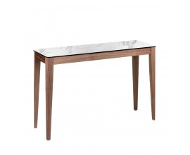Luxusní konzolový stolek Vita Naturale z hnědého dýhovaného dřeva s porcelánovou vrchní deskou v provedení bílý mramor