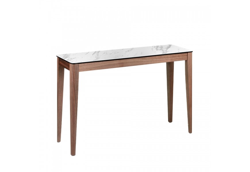 Luxusní konzolový stolek Vita Naturale z hnědého dýhovaného dřeva s porcelánovou vrchní deskou v provedení bílý mramor