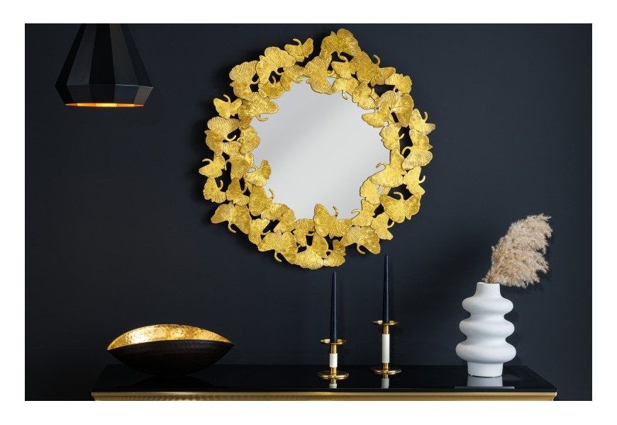 Luxusní zlaté nástěnné zrcadlo Ginko s kulatým kovovým rámem ve tvaru listů ginka ve stylu glamour