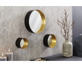 Designový glamour set tří kulatých nástěnných zrcadel Patagonia ve zlato-černém provedení s kovovým rámem