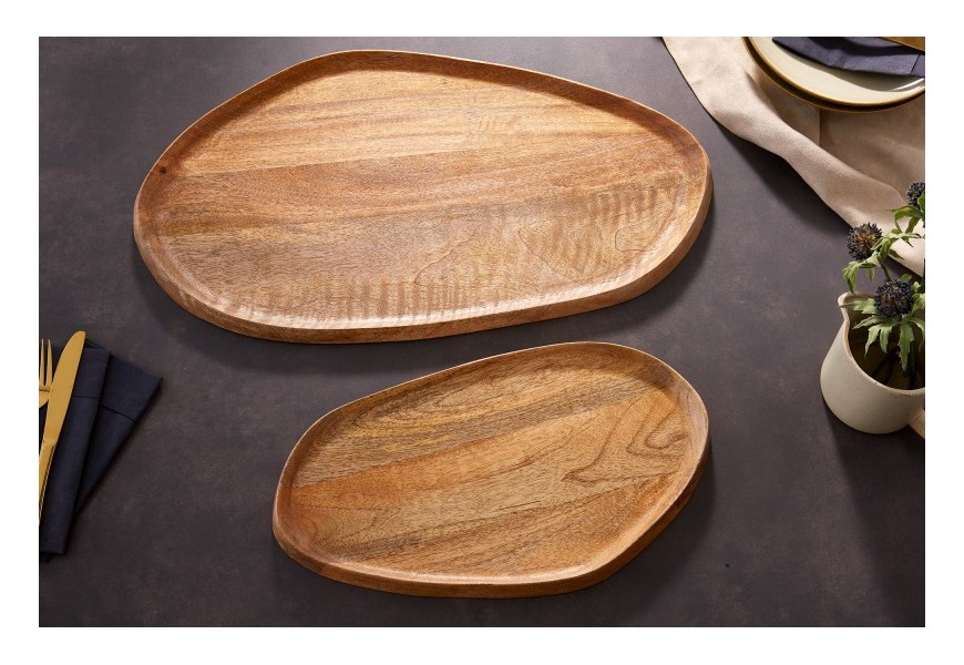 Moderní set dvou kulatých dřevěných táců Amanita II z mangového masivu hnědé barvy