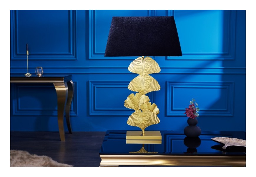 Designová art deco stolní lampa Ginko zlaté barvy z kovu s černým textilním stínítkem