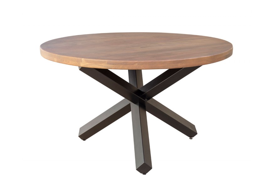 Moderní kulatý jídelní stůl Dělí hnědé barvy z akátového masivu s černýma zkříženýma nohama z kovu