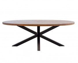 Industriální oválný jídelní stůl Delia z akáciového dřeva hnědé barvy as černýma zkříženýma nohama z kovu 210cm