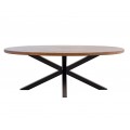 Moderní oválný jídelní stůl Delia z masivního akátového dřeva hnědé barvy s černými kovovými zkříženýma nohama