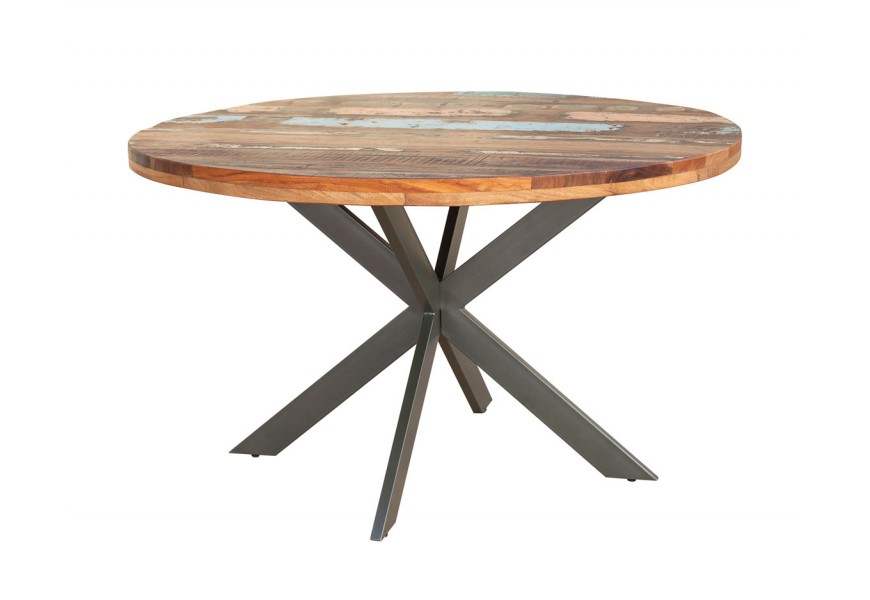 Industriální kruhový jídelní stůl Delia z recyklovaného masivu s patinou as černýma zkříženýma nohama z kovu