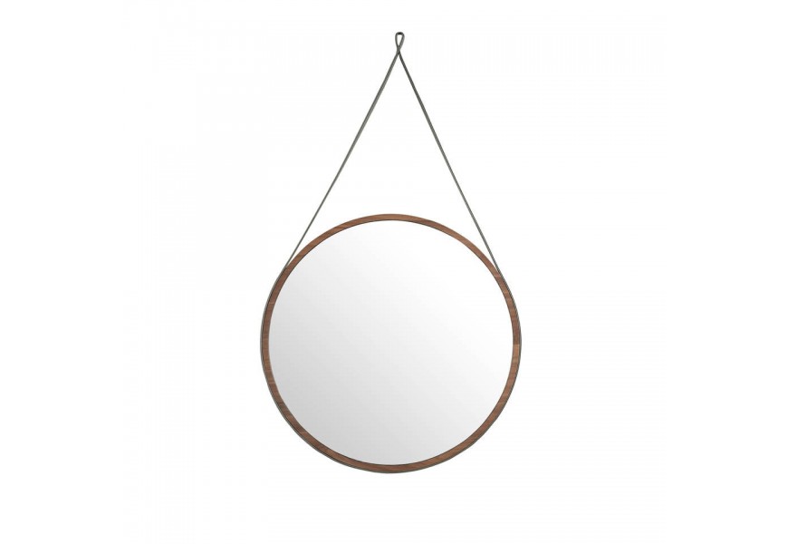 Moderní kulaté závěsné zrcadlo Vita Naturale s dřevěným rámem v hnědé barvě