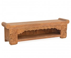 Masivní rustikální lavice Merida z teakového dřeva s poličkou a ornamentálním zdobením 195cm