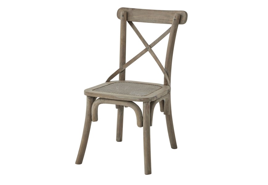 Jídelní dřevěná židle z kolekce Fratemporain ve venkovském stylu s překřížením v části zádové opěrky a vídeňským výpletem na sedací ploše v hnědošedé barvě