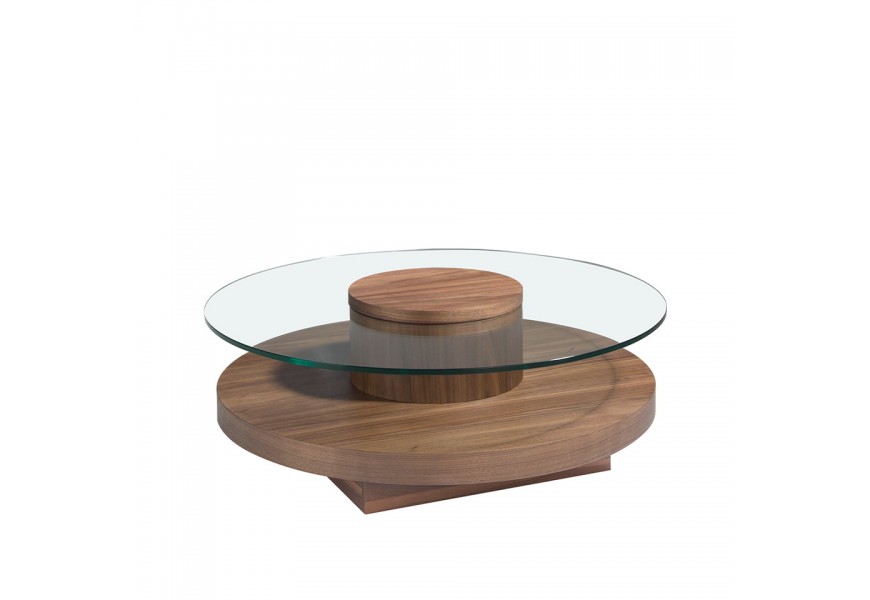 Luxusní konferenční stolek Vita Naturale s vrchní deskou z tvrzeného skla a dřevěnou podstavou kulatý hnědý