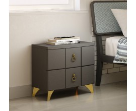 Art deco noční stolek Beliasso z masivu se dvěma šuplíky na zlatých nožičkách s mohutnými úchyty v šedé barvě 55cm