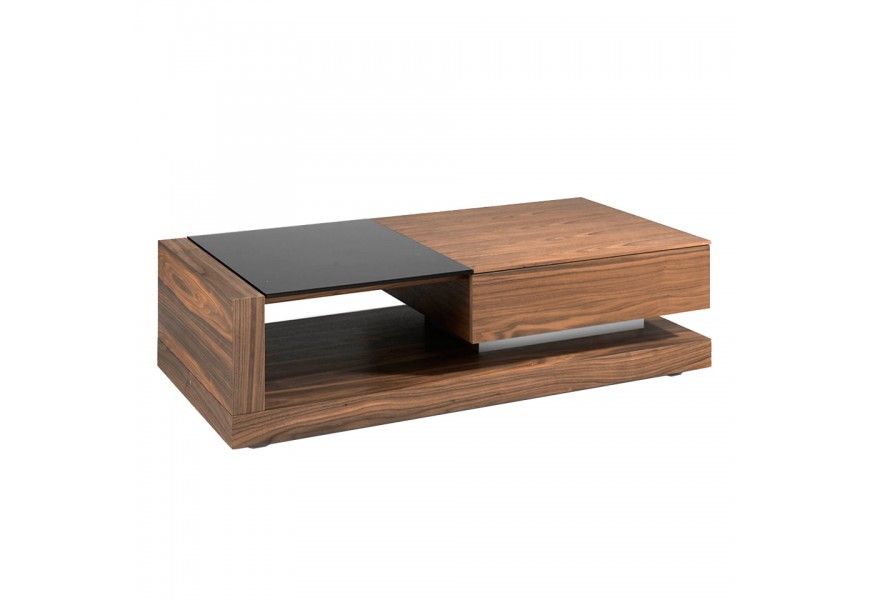 Moderní obdélníkový konferenční stolek Vita Naturale z dýhovaného dřeva s černým skleněným detailem hnědý