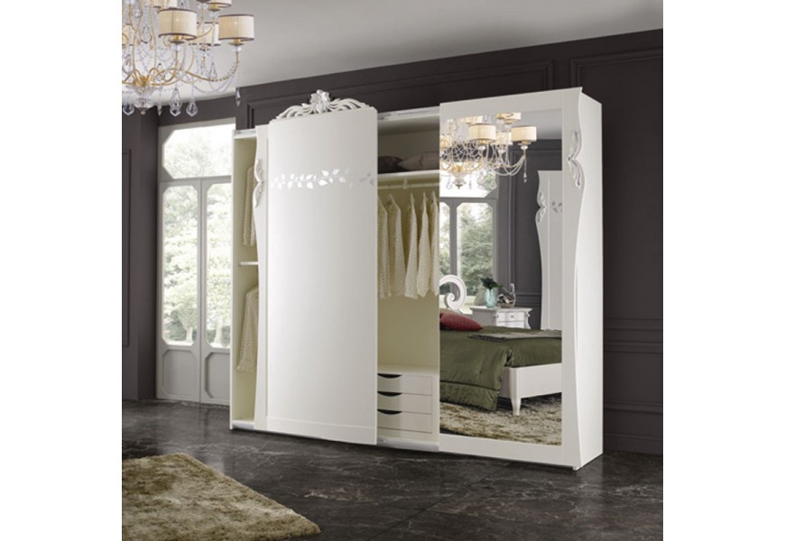 Luxusní klasická šatní skříň Aphrodite z masivního dřeva s ozdobným vyřezáváním a zrcadly 290cm