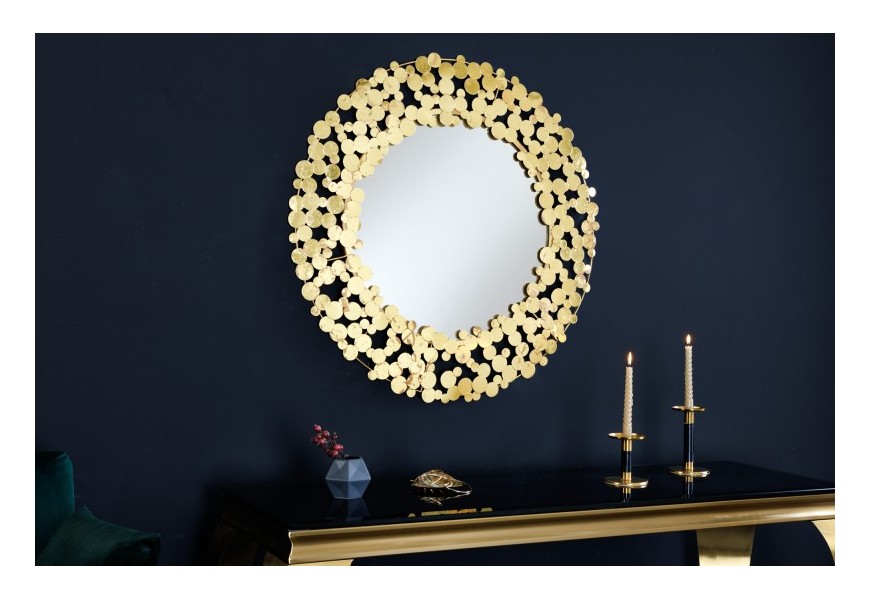 Moderní art deco zrcadlo Flové kulatého tvaru v kovovém zlatém rámu složeného z množství zlatých lupenů