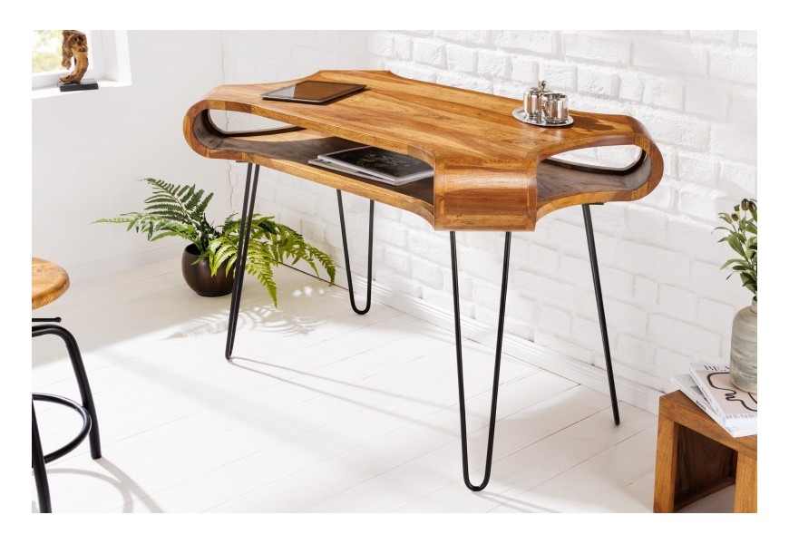 Stylový industriální kancelářský stůl Spin z masivního dřeva sheesham hnědé barvy as černýma kovovými nohama