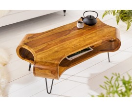 Industriální konferenční stolek Spin z masivního palisandrového dřeva hnědé barvy a černých kovových nožičkách 100cm