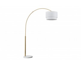 Art deco vysoká stojíci lampa Kara II se zlatým kovovým stojanem a bílým stínítkem kulatého tvaru 214cm
