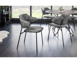 Elegantn&iacute; čalouněn&aacute; j&iacute;deln&iacute; židle v tmavě &scaron;ed&eacute;m proveden&iacute; ze sametu s černou konstrukc&iacute; z kovu
