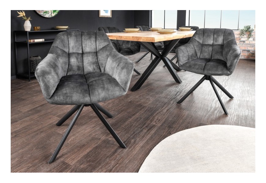Designová otočná jídelní židle Mariposa s tmavě šedým sametovým čalouněním a černýma nohama 83cm